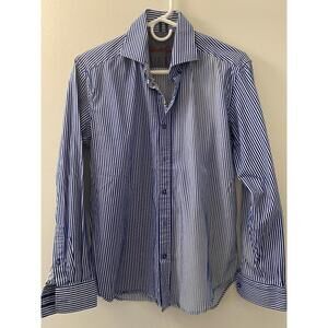 Robert Graham Men’s Blue Stripe Size S Embroidered Logo Floral Trim Long Sleeve